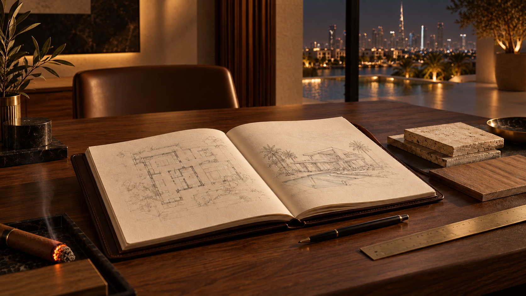 Leather-bound design journal with hand-drawn villa plans, timber and stone samples, and a brass ruler