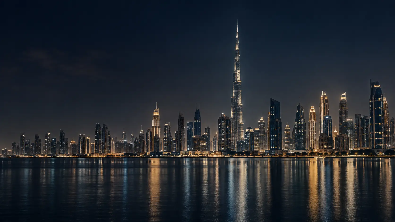 Dubai skyline reflected across the water at night