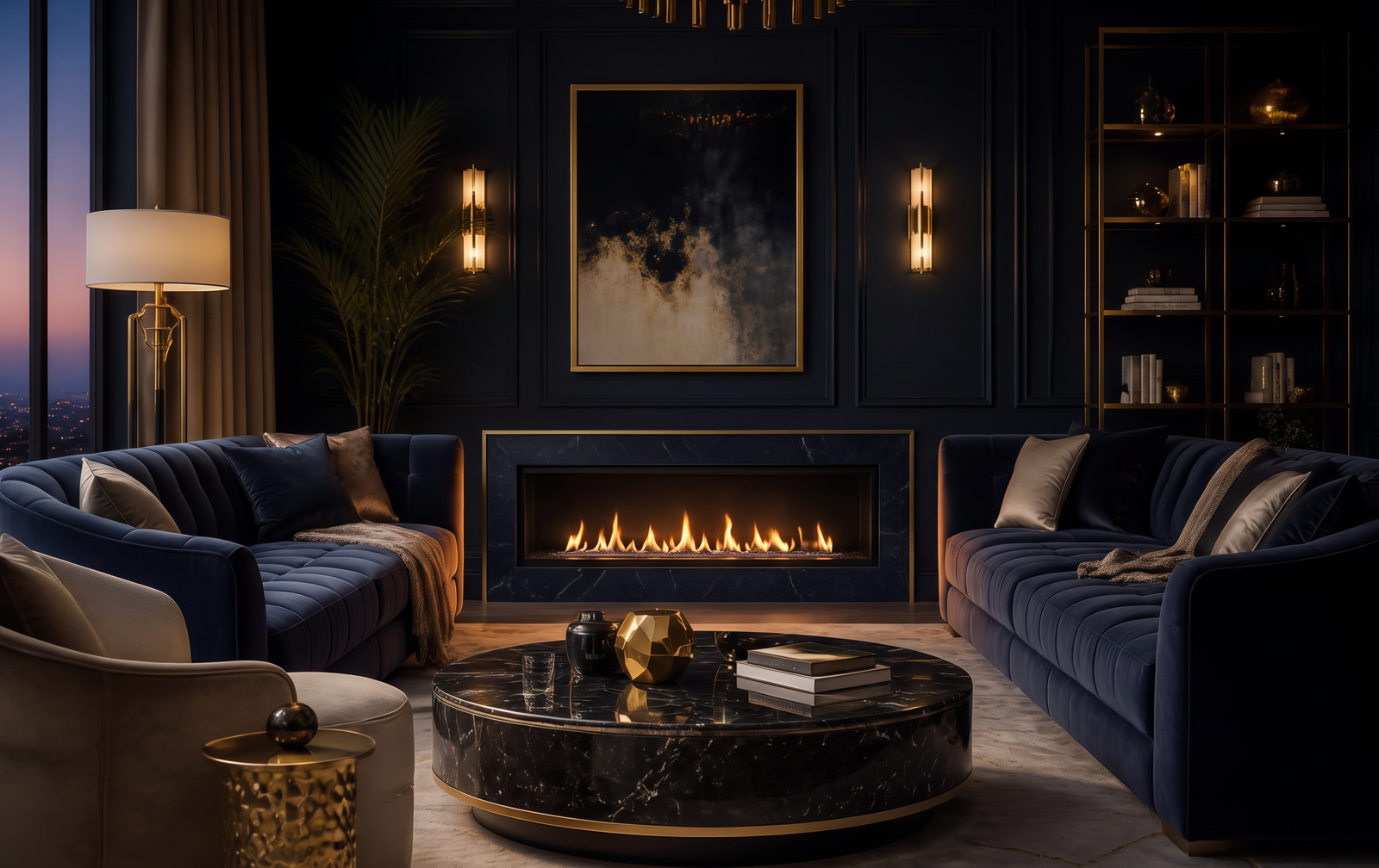 Navy and gold luxury living room with a central illuminated fireplace, designed by Reactive Living