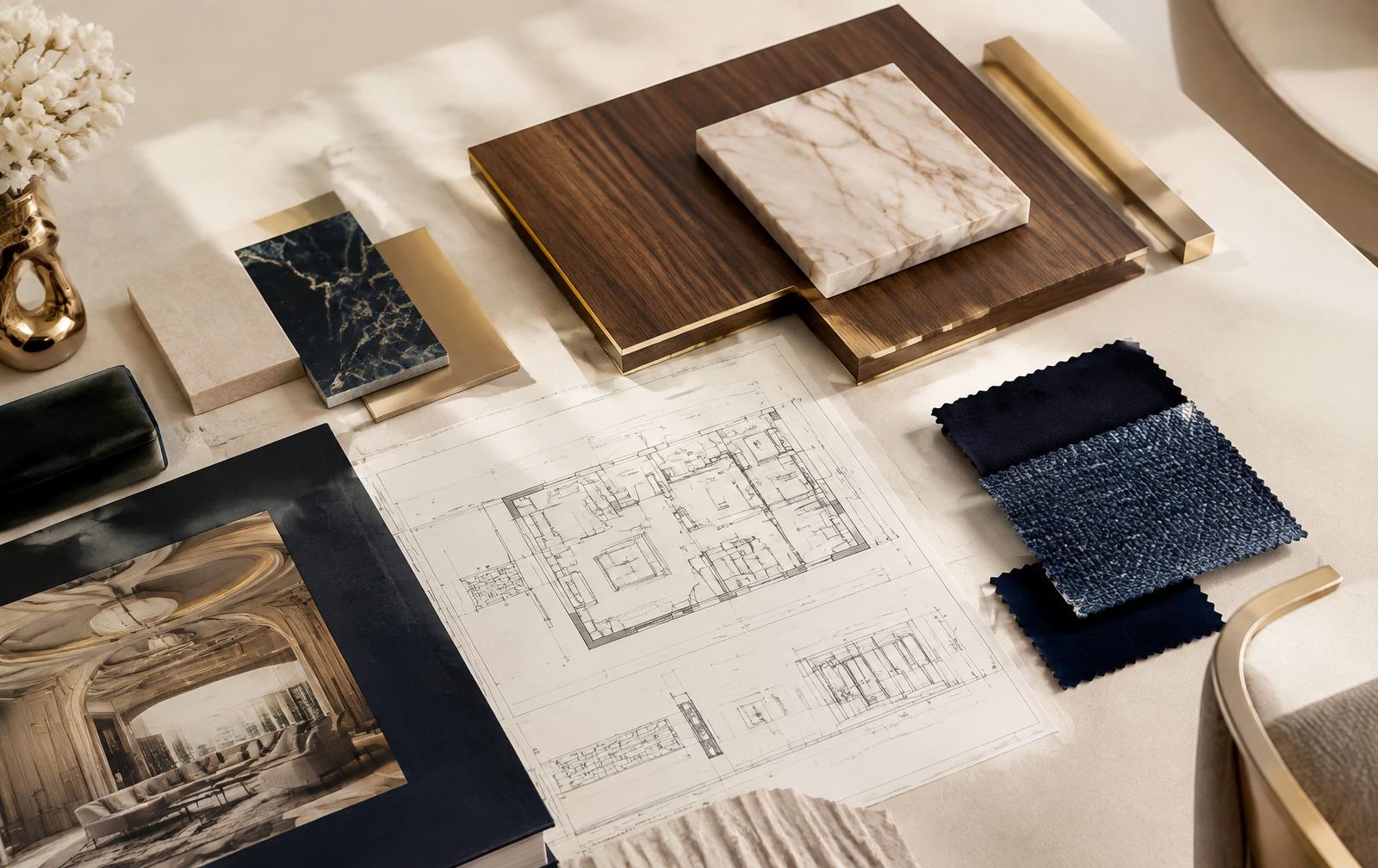 Luxury interior design materials and drawings arranged for a UAE residence