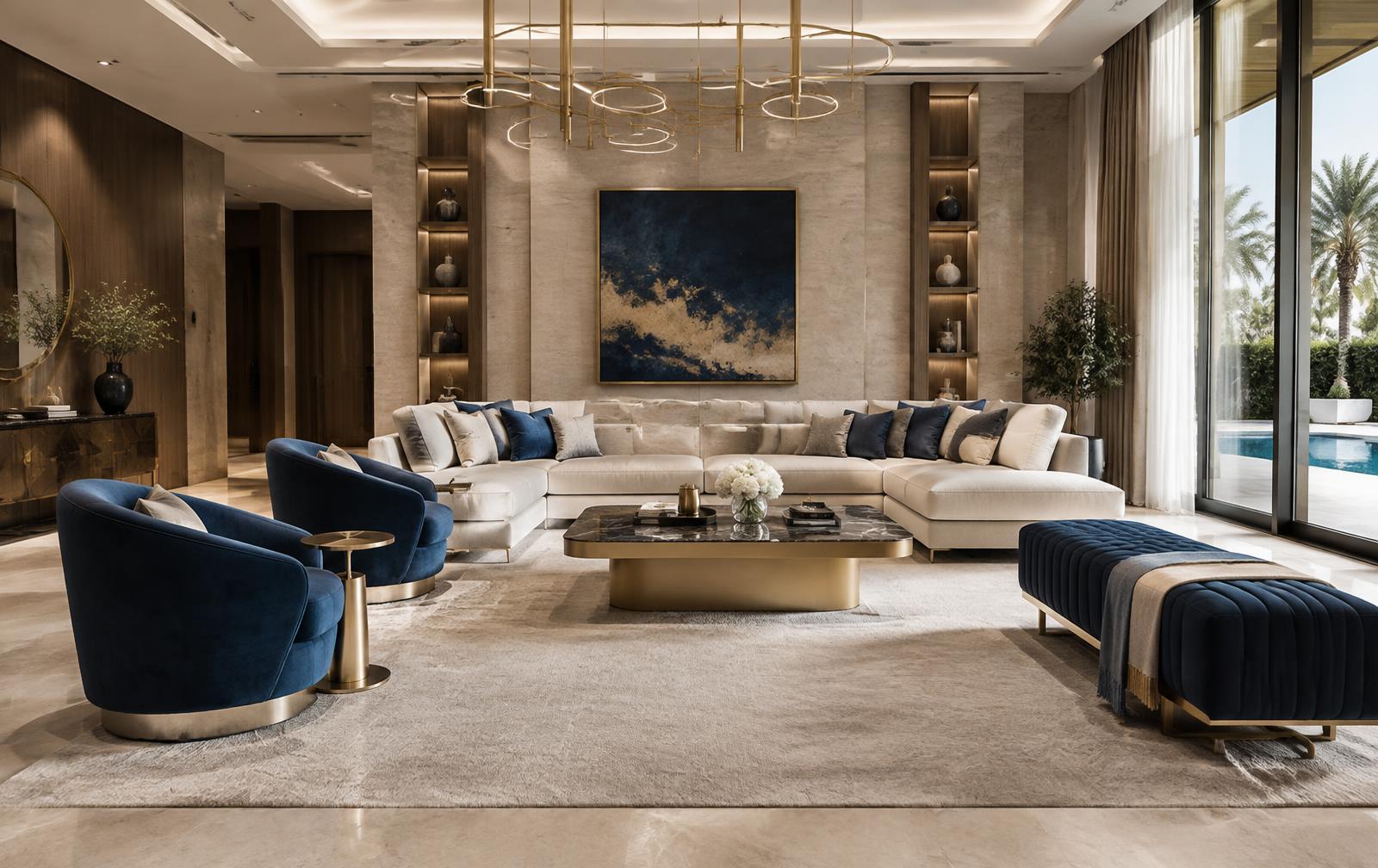 Luxury UAE villa living room with navy, muted gold, walnut and ivory finishes