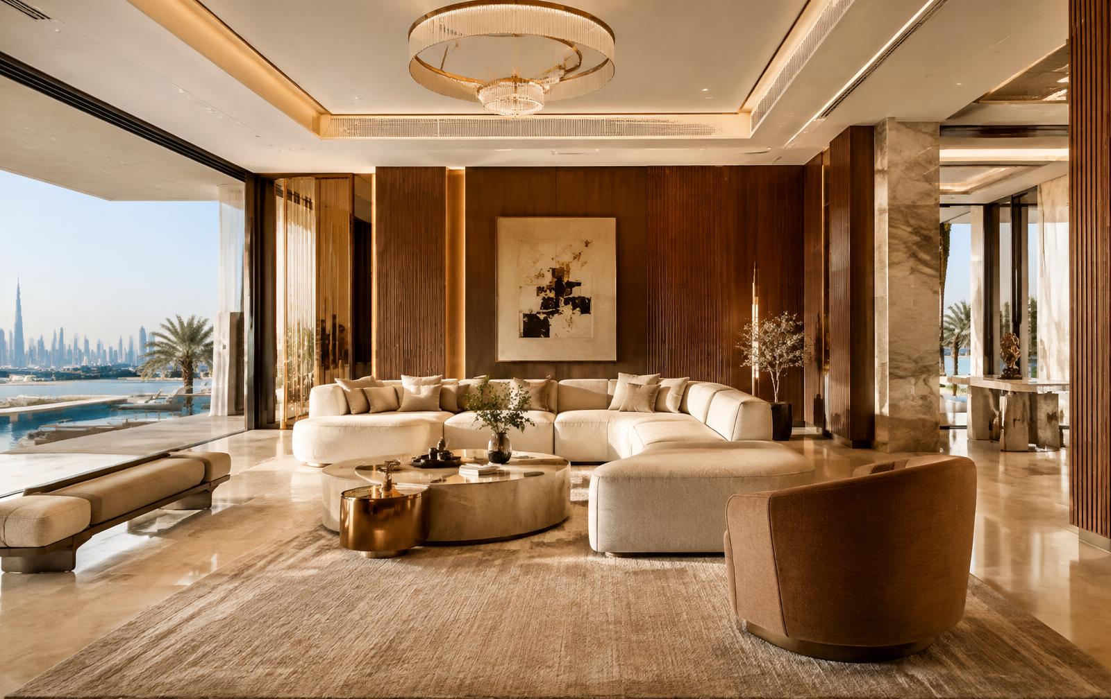 Renovated luxury Dubai villa interior with warm ivory and walnut finishes