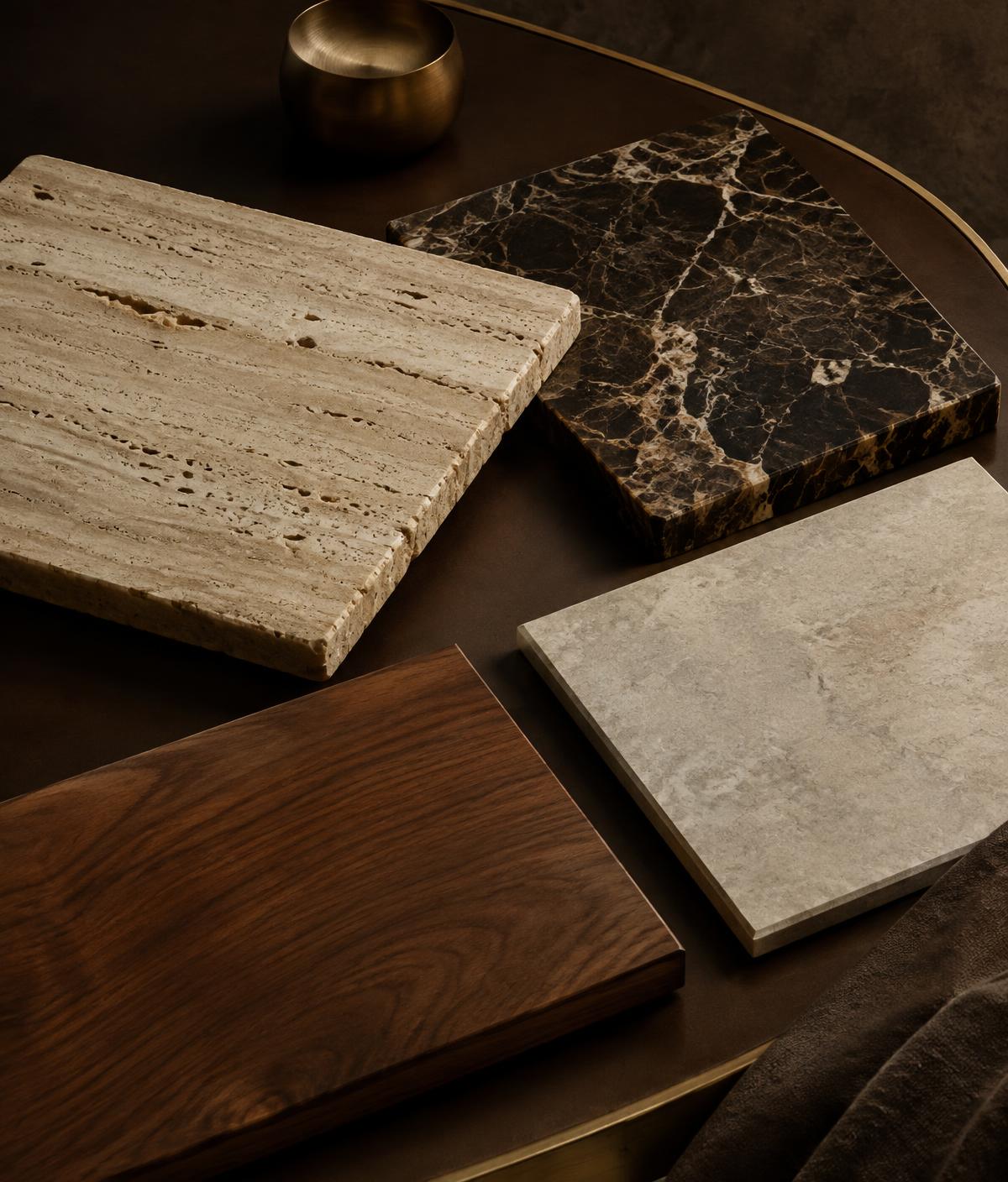 Natural stone and walnut material samples